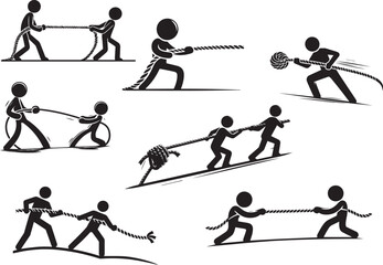 Simple Stick Man Tugging Rope Vector Illustration in Clean White Style