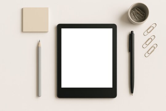 Digital tablet with blank screen surrounded by office stationery on beige background, flat lay composition - Powered by Adobe