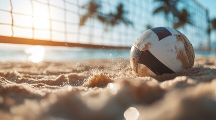 A beach volleyball rests in the sand, with a sunlit background highlighting the sport's dynamic moments, capturing the essence of summer fun, beach life, and outdoor activities.