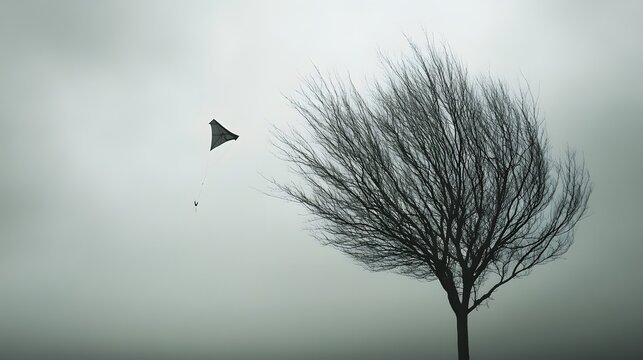 A kite stuck in a tree under a gray sky