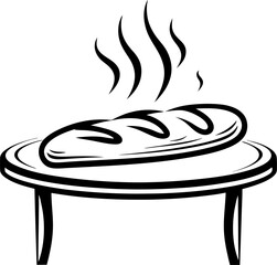 Freshly baked bread line art steaming loaf on table, minimal black and white illustration of bakery theme
