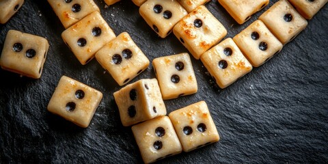 Small, light-beige dice-shaped treats on dark stone