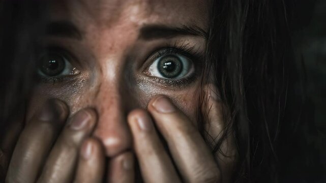 Scared woman, emotion on face close up. Frightened girl afraid closeup. Horror in eyes. Emotional stress, mental health problem, panic attack.