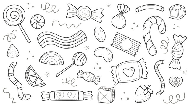 Set of candies and sweets doodle sketch style set. Hand drawn black outline images of lollipops, chocolates, truffle, pastille, candy cane, marmalade and bars. Clip art, vector elements