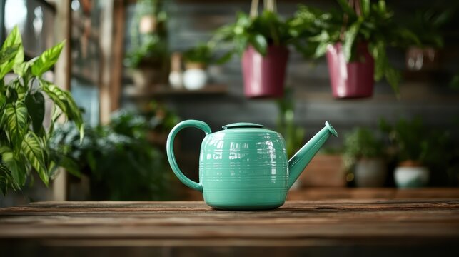An elegant teal watering can set atop rustic wooden furniture, surrounded by greenery, symbolizing care for plants and nature, ideal for gardening enthusiasts and lifestyle imagery.