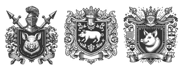 medieval heraldic crests featuring pigs Set collection bundle sketch engraving generative ai raster illustration. Scratch board imitation. Black and white image.