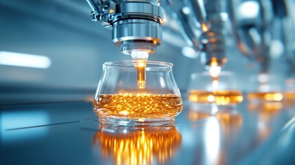 An artistic view of a modern laboratory showcasing a glass jar with a golden liquid being poured, symbolizing innovation and scientific progress in a sleek environment.
