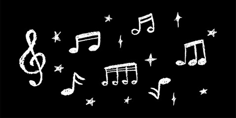 Vector illustration of white music notes and stars in charcoal scribble style. Cute childish music school pastel or wax pencil signs. Handwritten pop elements on black for kindergarten designs.