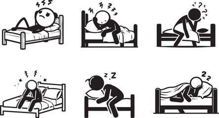 Simple Stickman Resting in Bed Silhouette Drawing with White Background