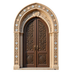Arabic style arched door with mosaic tiles, intricate carvings, sand-colored wood, isolated on white background