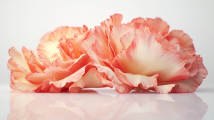 Delicate Coral Carnations on Reflective Surface, Floral Still Life Close Up