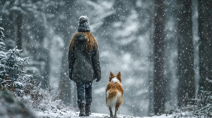 Fototapeta premium A woman walking through a snowy forest with her dog, the soft snowfall creating a peaceful atmosphere between them.