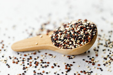 Mix of white, black and red quinoa seeds in wooden spoon.