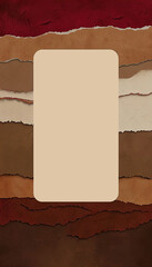 Abstract vertical background with torn paper texture layers in warm earthy tones and a centered blank beige space. Ideal for presentations, posters, or creative design templates