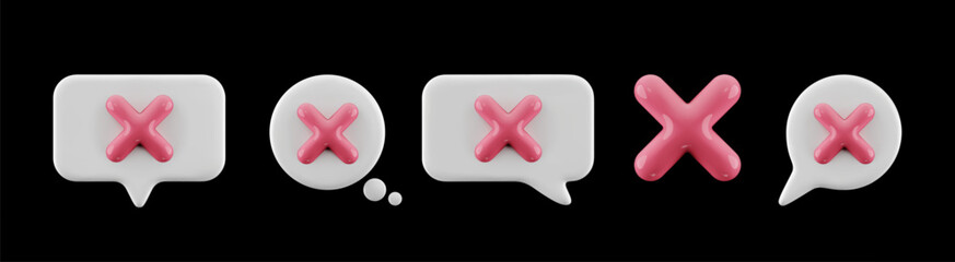 3D cartoon red cross notification icons. Speech bubbles with pink cross symbols. Vector set isolated on black background
