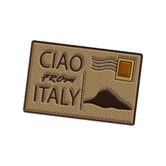 Elegant embroidered postcard clipart featuring a warm “CIAO from ITALY” greeting and vintage tones. Ideal for digital travel journals, planners, and Italy-inspired moodboards.