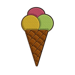 Colorful gelato cone embroidery clipart in soft vintage tones – pistachio, lemon, and strawberry scoops in a classic waffle cone. A sweet digital accent for summer scrapbooks and planners.