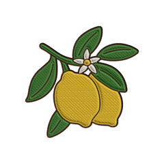 Vintage embroidery clipart of a vibrant lemon branch with lush green leaves, capturing the essence of Italian summers. Perfect for digital scrapbooking, stickers, and travel-themed designs