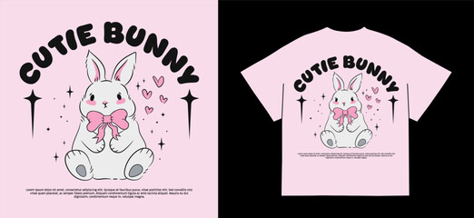 Cute bunny print with pink bow in coquette style. Kids' t-shirt design with a sweet character. Vector isolated on pink background