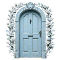 Cottage door surrounded by carved flowers, pastel blue paint, vintage handle, isolated on white background