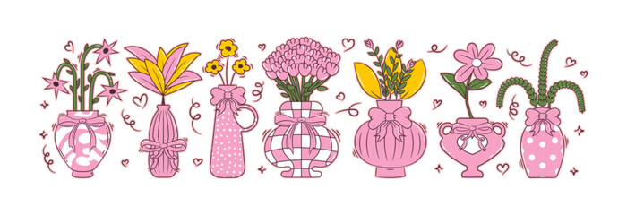 Cartoon vase collection flowers in coquette style. Cute decorative label with bows and floral compositions. Vector set isolated on white background