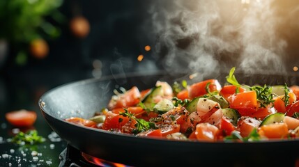 A vibrant mix of fresh vegetables such as tomatoes and herbs steaming in a pan, showcasing the essence of cooking and the burst of flavors in a culinary setting.