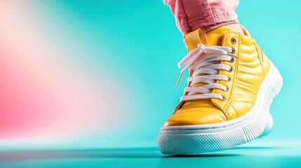 A close-up view of trendy yellow sneakers striking a confident pose against a vibrant background, representing modern fashion and youthful energy through footwear.