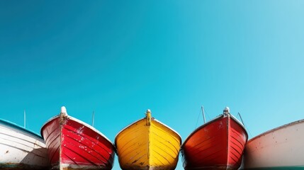 A vibrant collection of boats in various colors, with a clear blue sky as the backdrop, highlighting the beauty of nautical life and outdoor adventures near the water.