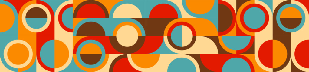 Seamless colorful geometric background in retro style of 60s and 70s, circles and squares in blue and orange. Abstract texture in trendy design.