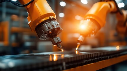 Two orange robotic arms work in unison during an advanced manufacturing process, showcasing the future of industry and the seamless integration of technology and precision.