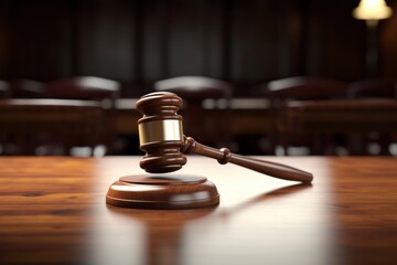 Gavel on wooden courtroom table.
