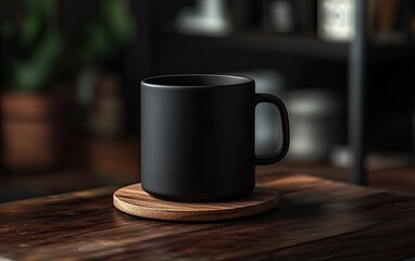 Black mug on wooden coaster (2)