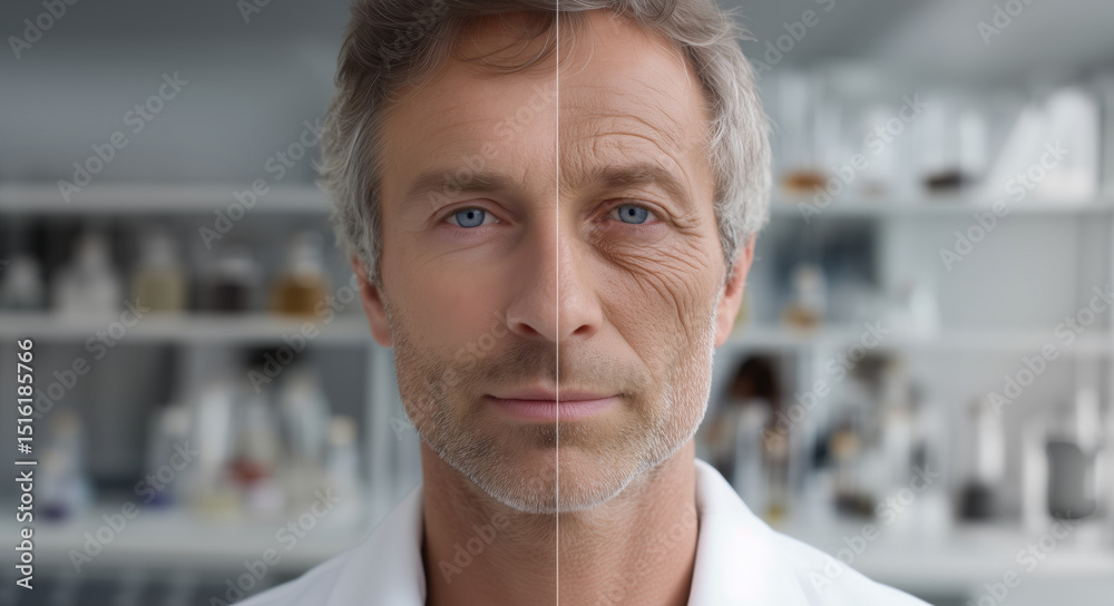 Poster a man stands in a modern laboratory, demonstrating a striking contrast between his youthful features