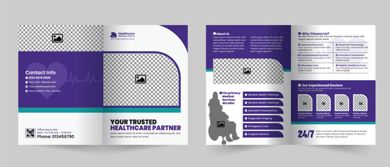 Medical healthcare service bifold brochure design or hospital clinic promotion brochure template, Multipurpose template with cover, back, and inside pages layout