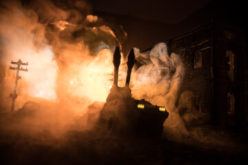 Rocket launch with fire clouds. Battle scene with rocket Missiles with Warhead Aimed at Gloomy Sky at night. Soldiers and Rockets War Backgound.