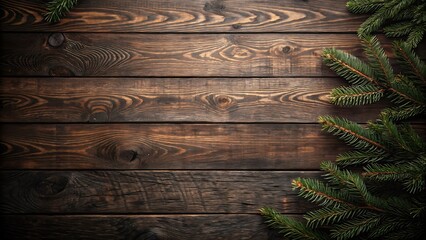 Rustic Winter Background with Evergreen Branches on Wood Planks