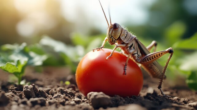 A close-up of a grasshopper perched on a ripe red tomato, showcasing the beauty of nature and the symbiotic relationship between insects and plants in a garden setting.