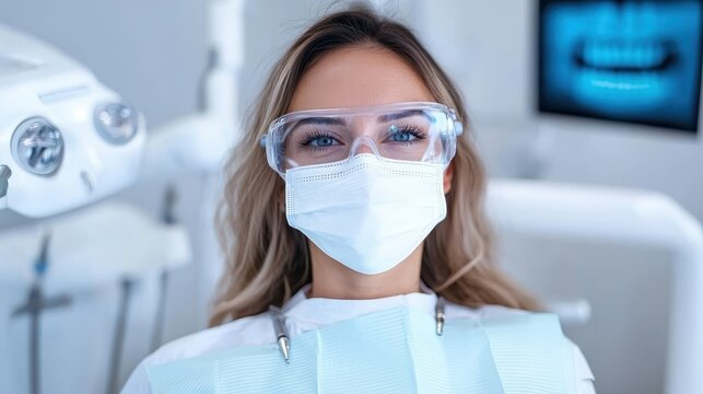 A smiling female dentist in protective gear and glasses creates a reassuring atmosphere in a dental office, emphasizing healthcare professionalism and patient care.