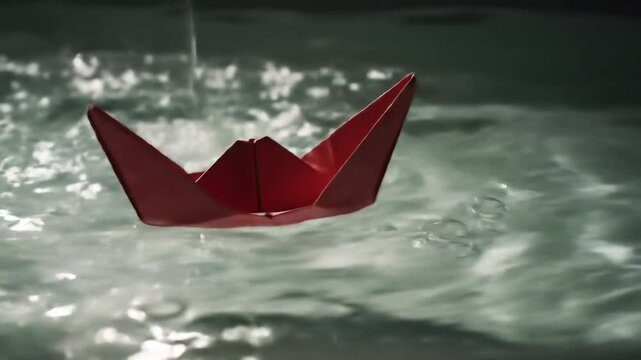 Red paper boat floating on water