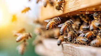A stunning view of busy bees actively working and gathering nectar around their hive, bathed in warm sunlight that captures the vibrant life within the colony.