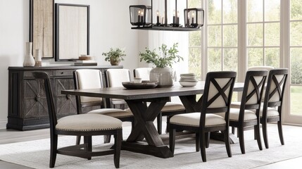Dark wood dining room set with cream upholstered chairs.