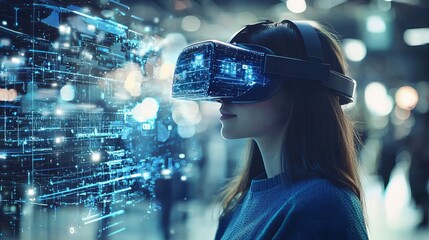 Engaging in a futuristic landscape, a woman dives into the world of VR.