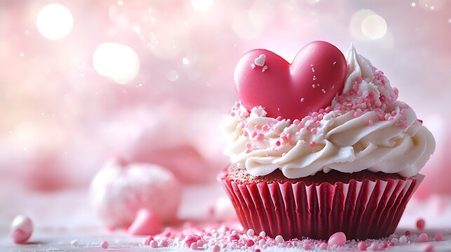 A delicious red velvet cupcake is topped with a pink heart and sprinkles galore - Powered by Adobe