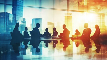 Double exposure photo showcasing a business conference with a city skyline. 