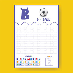 Alphabet learning and writing practice tracing worksheet template, ABC writing, tracing, coloring practice a4 print ready worksheet vector template for kids