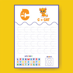 Alphabet learning and writing practice tracing worksheet template, ABC writing, tracing, coloring practice a4 print ready worksheet vector template for kids