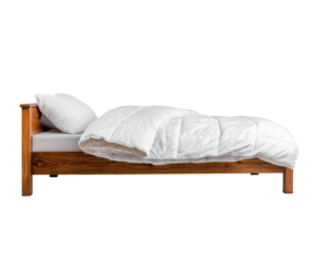 Cozy bed with white comforter and pillows for a restful sleep, cut out transparent