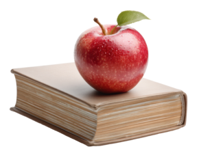 Fresh apple resting on a vintage book for educational theme, cut out transparent