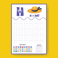 Alphabet learning and writing practice tracing worksheet template