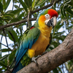A rainbow parrot has vivid, multicolored feathers, showcasing bright reds, blues, greens, and yellows, known for beauty and intelligence.